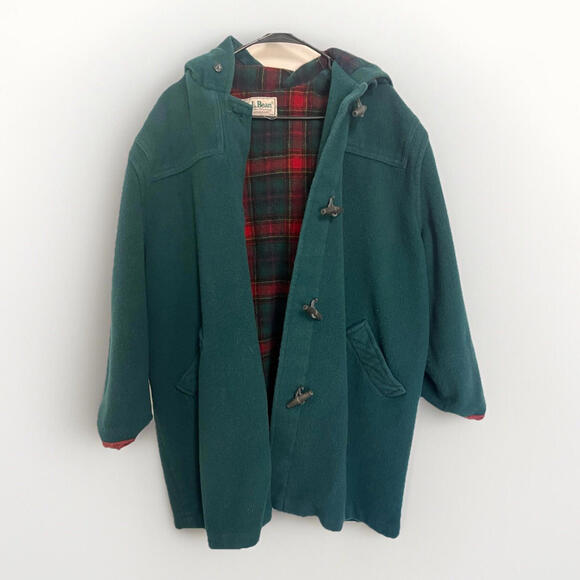 L.L. Bean Jackets & Blazers - Vintage L.L. Bean Pea Coat Green Plaid Lined Toggle Made In USA Long Hooded Xl